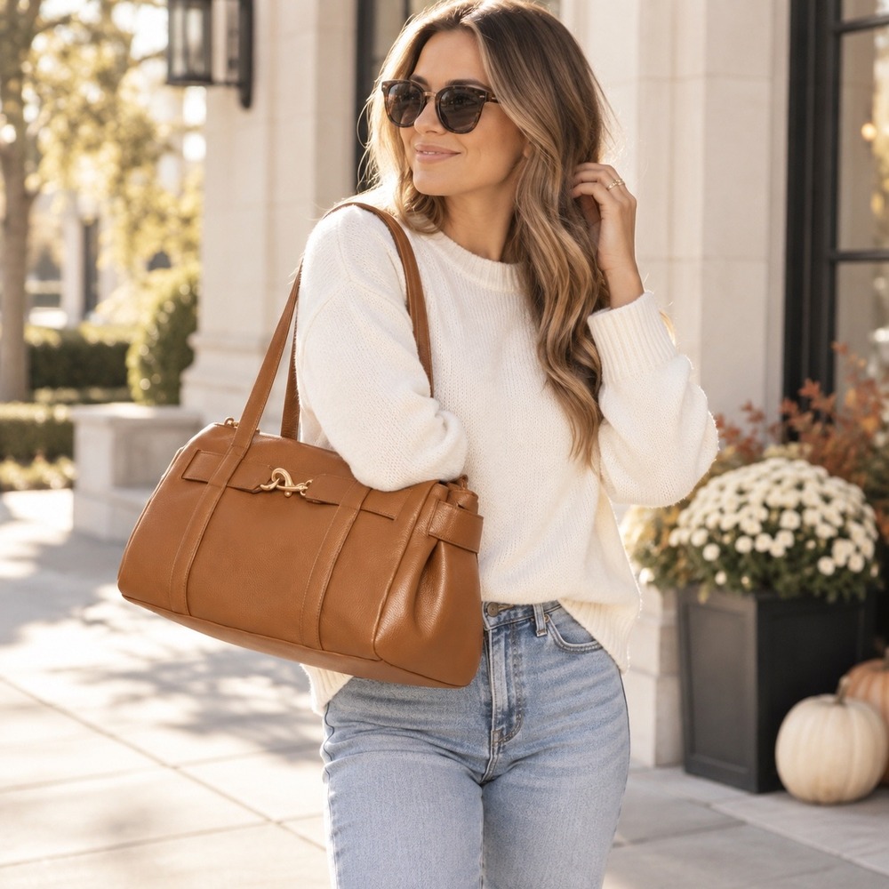 A New Day Cognac Brown Faux Leather Satchel Handbag Gold Snap Hook Clasp NWT